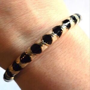 Enamel bracelet cream color and black bangle clamper style gold tone